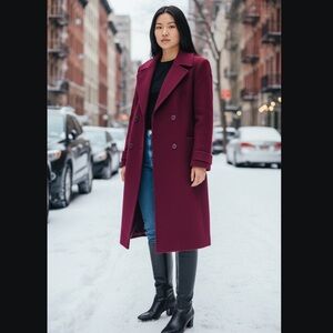 Alorna Burgundy wool blend Trench Coat Double breasted Vintage Timeless Style